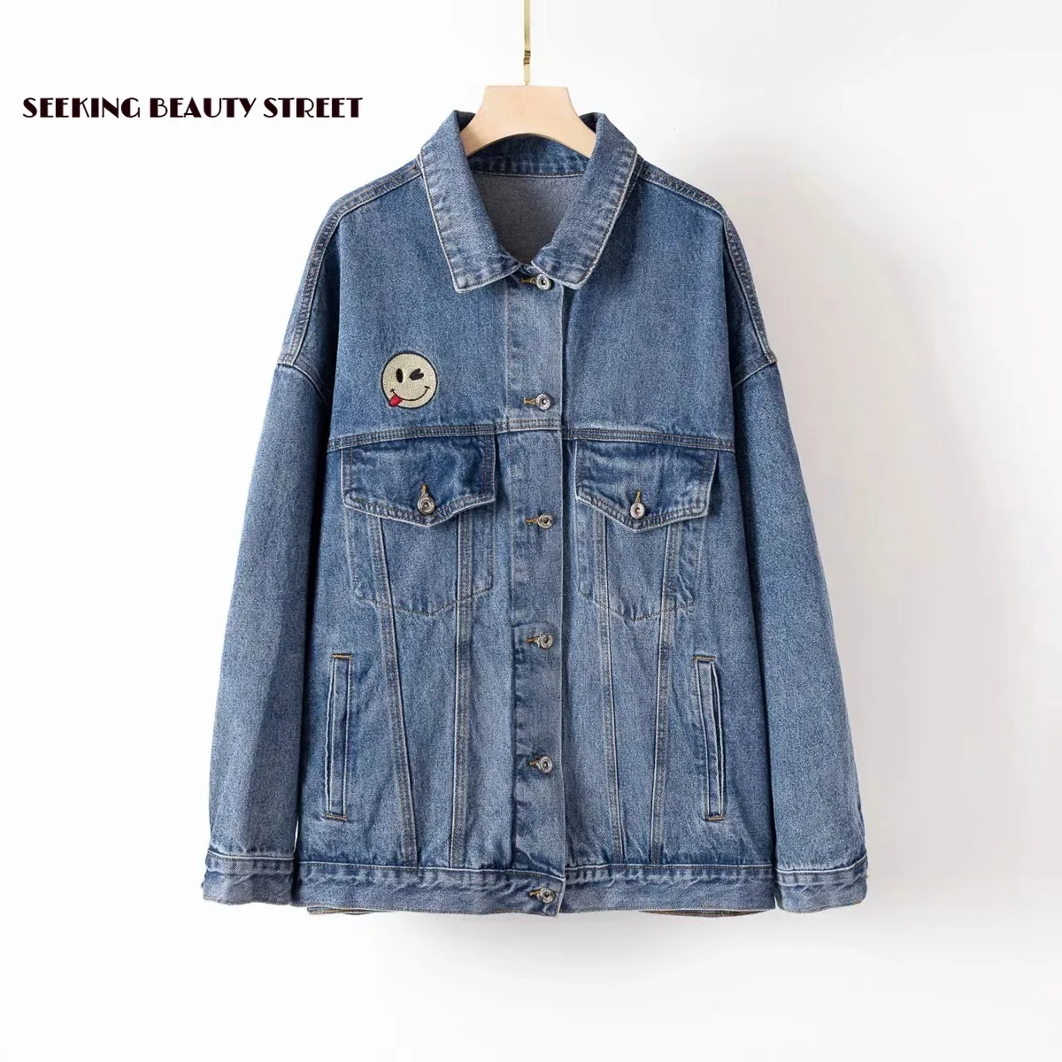 

Fall and Winter 2019 New Blouse Coloured with Smiling Face Denim Jacket bomber jacket denim jacket Streetwear