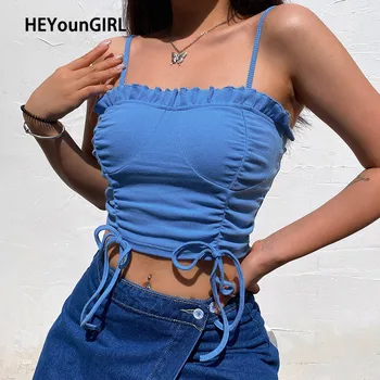 

HEYounGIRL Ruffles Ruched Casual Solid Crop Top Women Summer Sleeveless Backless Camis Top Ladies Drawstring Fashion Camisole