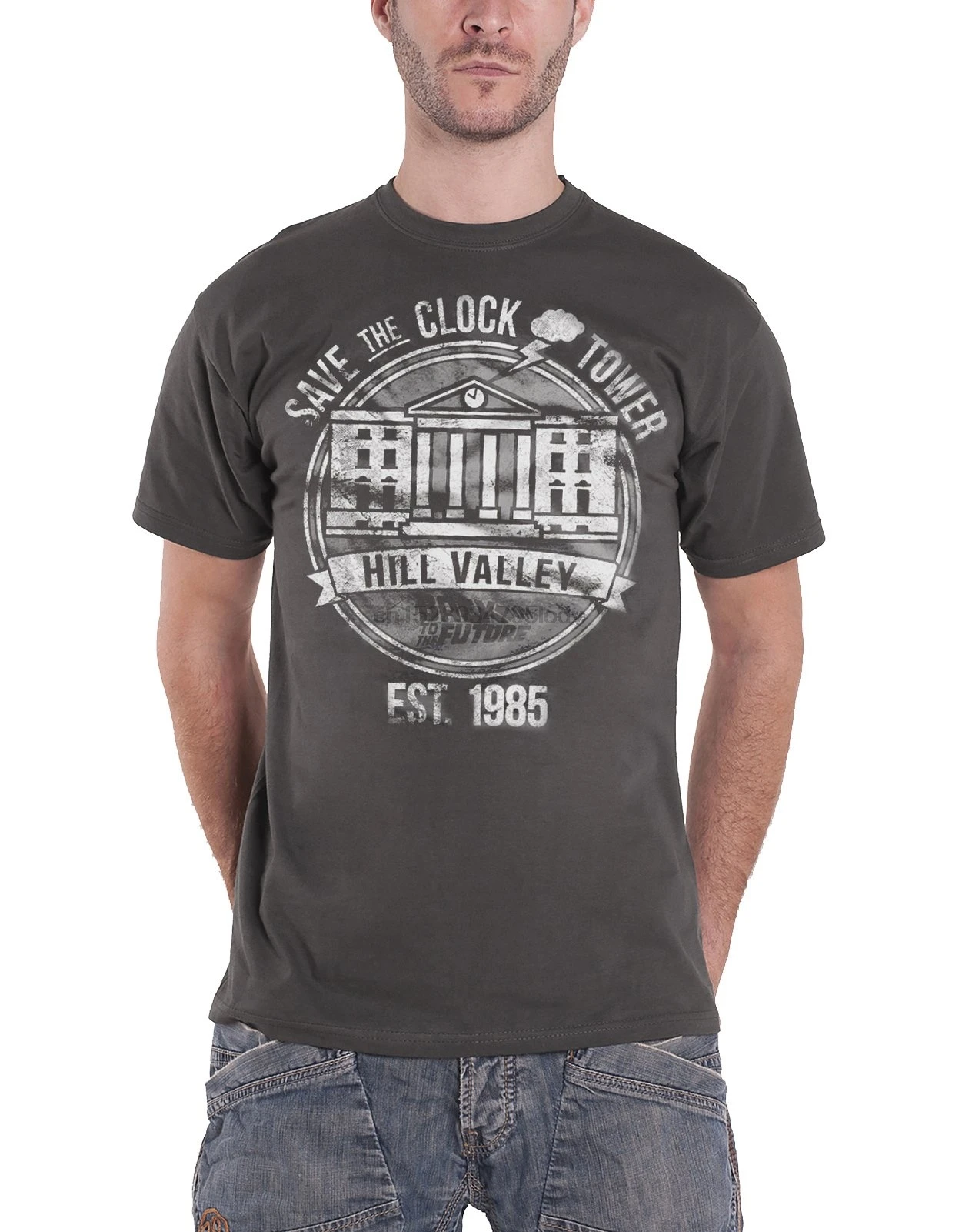 

Back To The Future T Shirt Save The Clock Tower Official Mens Dark Grey