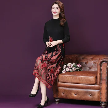 

Autumn Dress Middle Aged Mother Embroidered Loose Office Lady Lace Robe Vestidos Elegantes Femme Vestido Midi Ladies Dresses