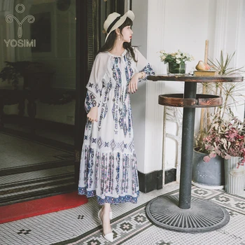 

YOSIMI 2019 Summer Maxi Print Chiffon Long Women Dress Empire O-neck Blue Wrist Sleeve Fit and Flare Ankle-Length Beach Dress
