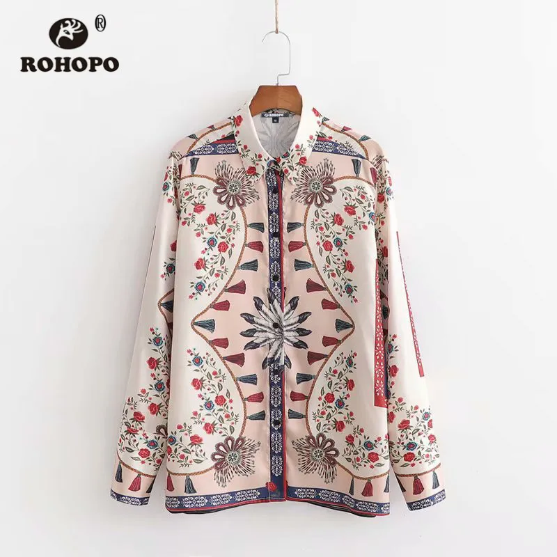 As Picture ROHOPO/шелковистая винтажная блузка с цветочным принтом и длинными рукавами, с отложным воротником, в стиле средневекового Ретро, элегантная мягкая прямая Блуза#2574 - Цвет: As Picture