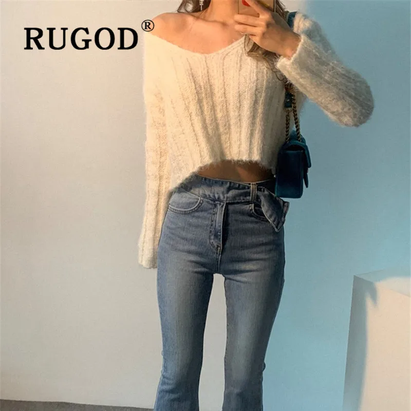 Свитер женский RUGOD, Модный женский свитер с v-образным вырезом, винтажный вертрический полосатый короткий пуловер с длинным рукавом, простой укороченный топ, свитер, Джерси кофта женская