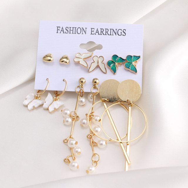Butterfly Hoop Earring Set Women's Vintage Bohemian Acrylic Pearl Circle Alloy Drop Earrings Brincos Jewelry Gift