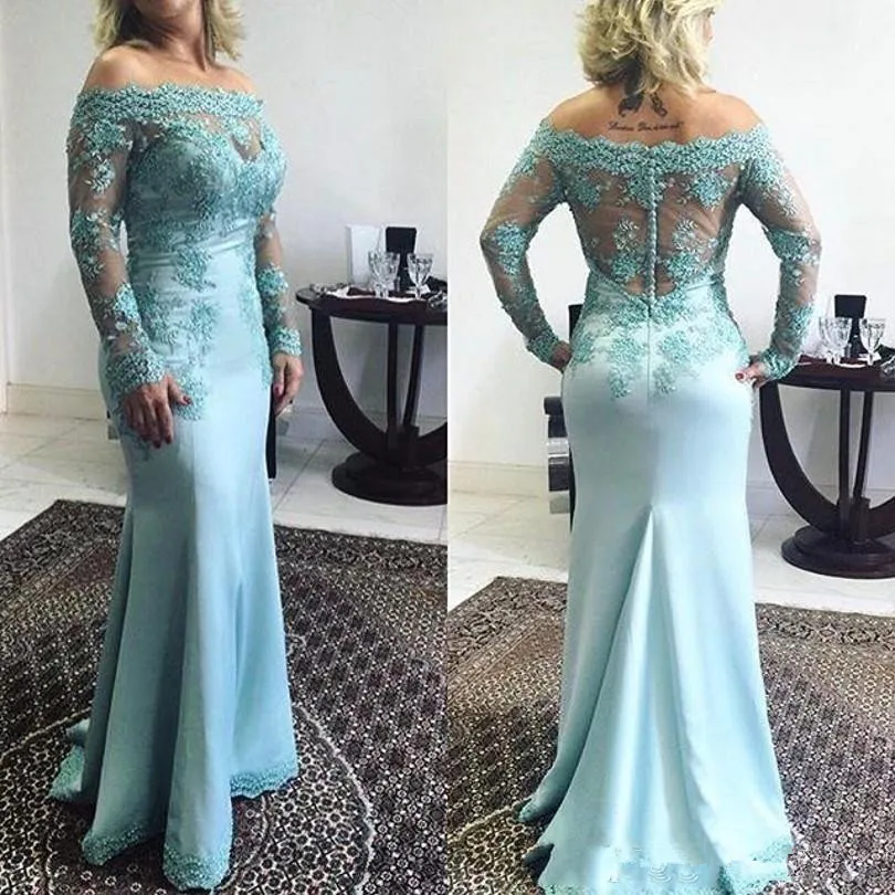 Mermaid Lange Mouwen Kant Applicaties Knoppen Elegant Graceful Bruiloften Custom Formele avondjurk moeder van de bruid jurken Mermaid Lange Mouwen Kant Applicaties Knoppen Elegant Graceful Bruiloften Custom Formele avondjurk moeder van de bruid jurken