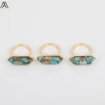 

Wholesale Natural Blue Turquoises Howlite Double Point Beads Rings Jewelry,Raw Stone Point Beads Gold Ring For Women GH-487AMAB