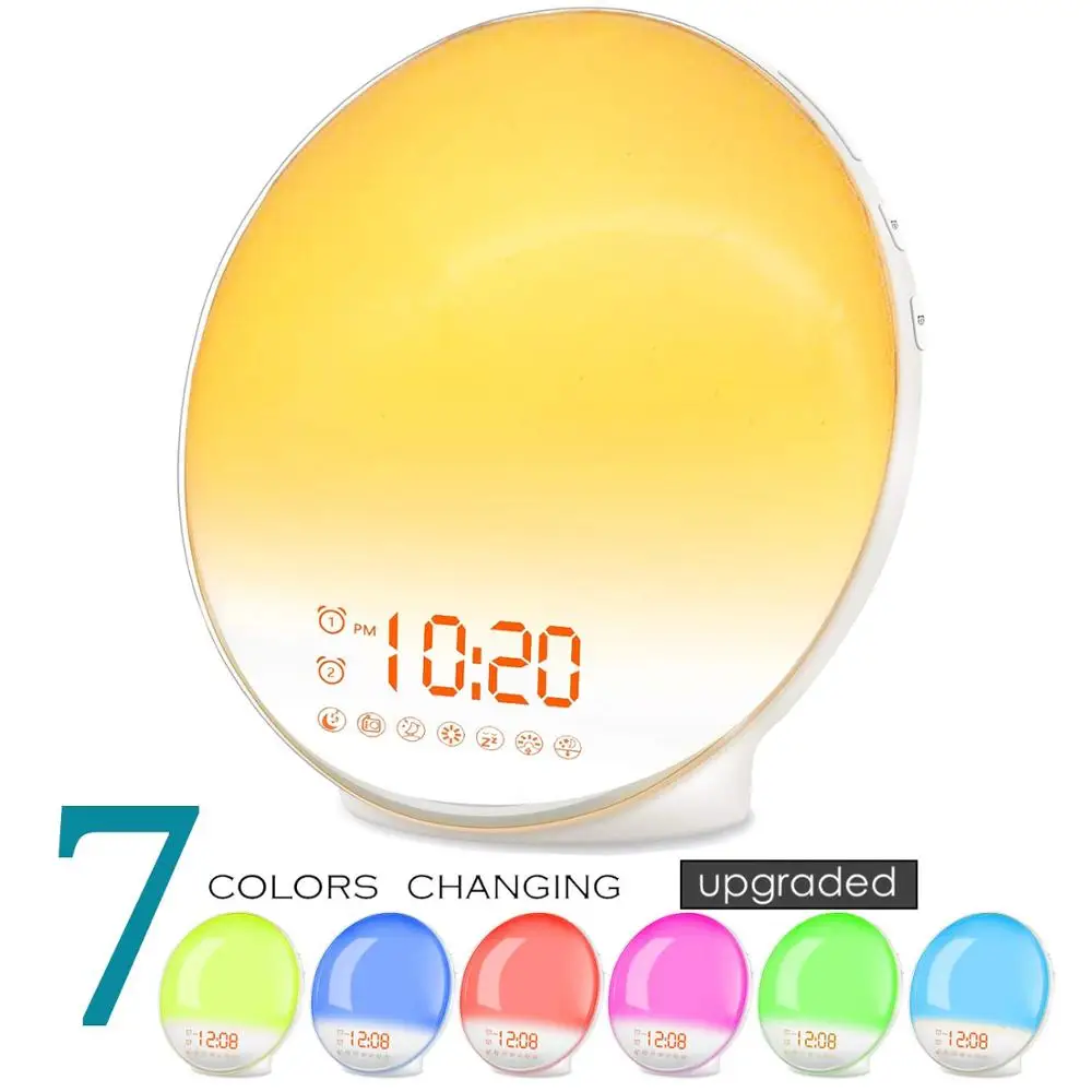

Wake Up Light 7 Colored Night Light/Sunrise Simulation & Sleep Aid Dual Alarm Clock with FM Radio Snooze for Alexa Google Home