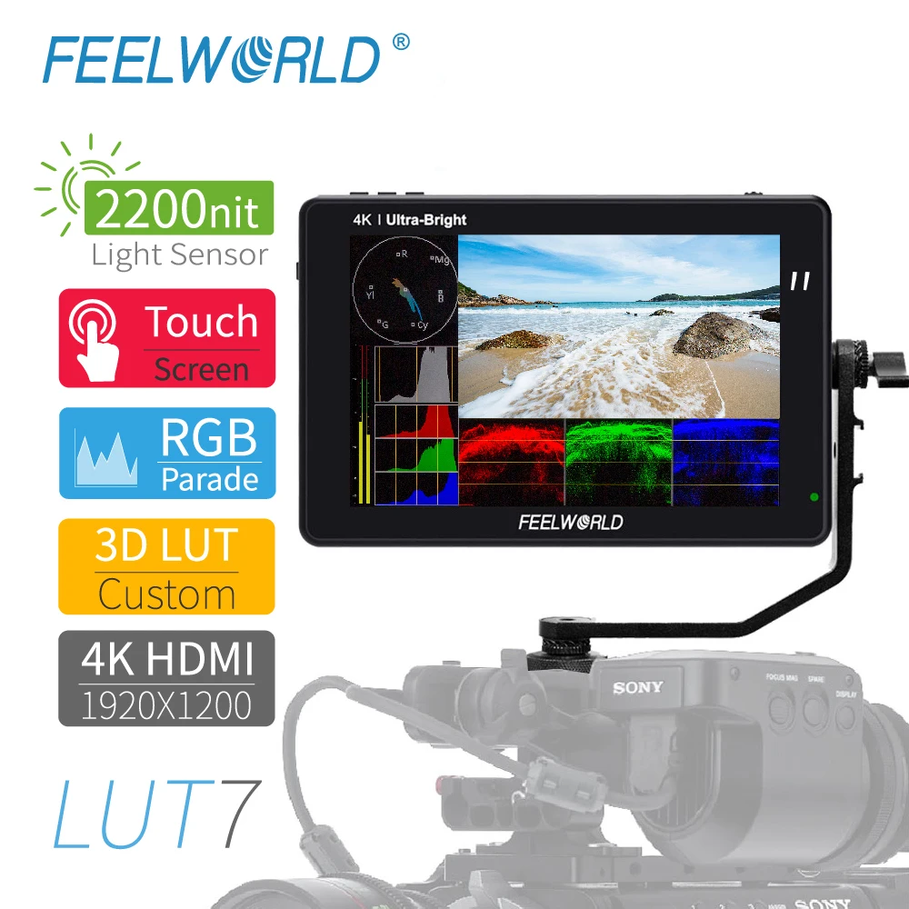 FEELWORLD LUT7 камера полевой монитор сенсорный экран 3D LUT 2200 Нит 7 дюймов Full HD 1920x1200 IPS