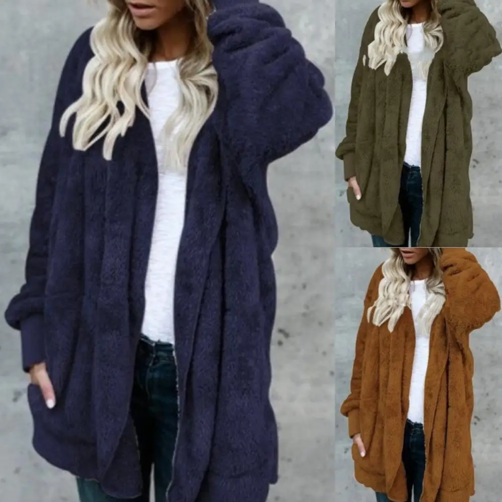 

2019 New Women Long Sleeve Solid Color Plush Faux Fur Warm All-match Hooded Midi Coat Cardigan Autumn Winter Overcoat M-XXXL