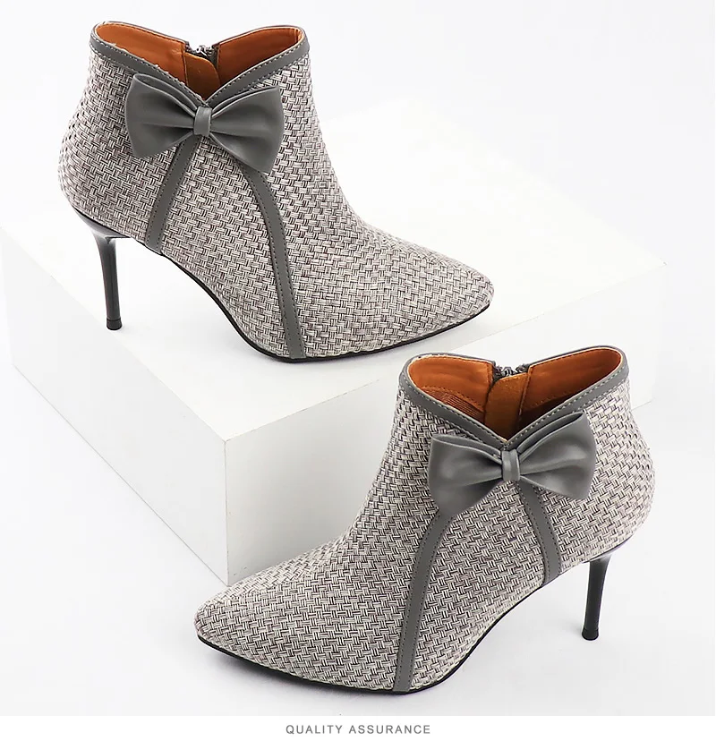 Women Ankle Boots 2021 New Fashion Woven Bow Ladies Shoes Thin High Heels Female Spring Autumn Zipper Blue Black Gray