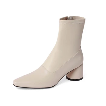 

Elegant Ladies Boots genuine leather Brand Design Thick high Heels women Pumps Working Basic Retro Shoes Woman black beige