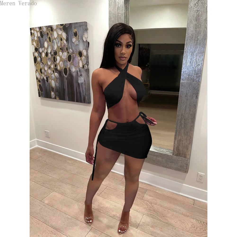 Sexy Club Solid Women Two 2 Piece Set Outfits Halter Crop Tops and Ruched Irregular Midi Mini Cut Out Skirts Matching Set