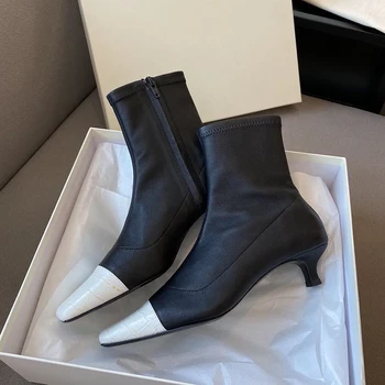 

Pointed boots, women's short boots, thin heel side zipper, black and white stitching color, elastic kitten and short heel boots