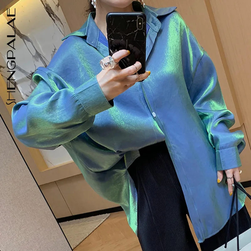 

SHENGPALAE New Autumn 2019 Korea Style Full Lantern Sleeve Single Breasted Turn-down Collar Women Loose Shirt FR625