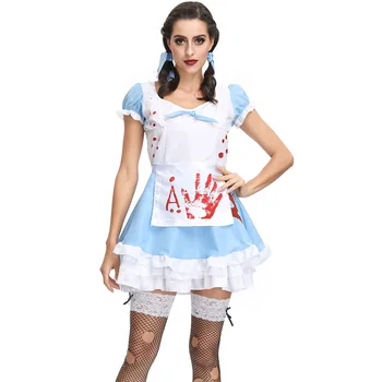 

Cosplay Costume Halloween Carnival Uniforms terrorist bloody Blue Maid Dress Restaurant Servant Outfit