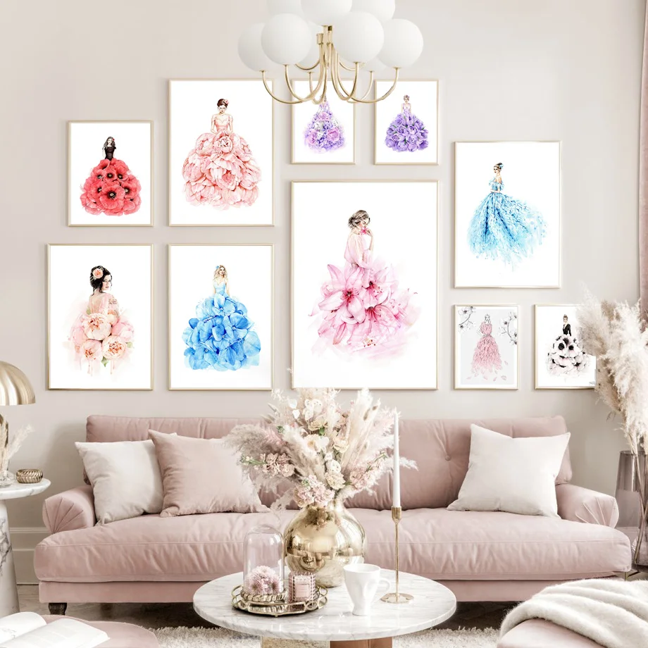 Красивое вечернее платье с цветочным рисунком искусство на стене Картина холсте