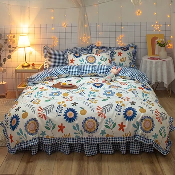 

Korean blue bedclothes luxury duvet cover Set Romantic Lace Girls Princess quilts Cover queen full single flowers Bedding Sets