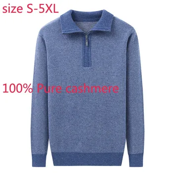 

New Arrival Winter Men Zipper Turn-down Collar 100% Cashmere Casual Computer Knitted Thick Pullovers Sweater Plus Size S-5XL