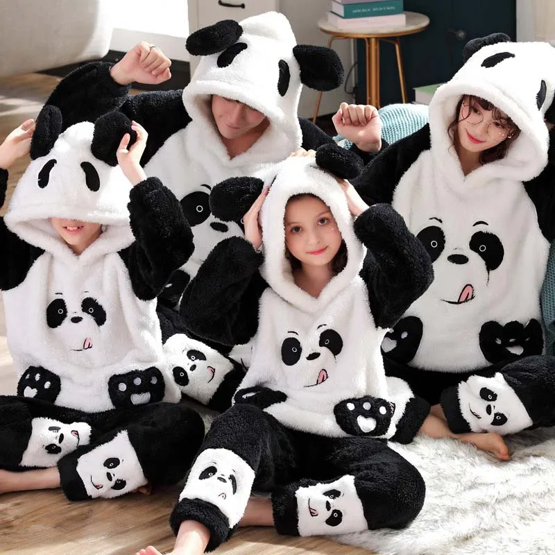 Унисекс; зимняя утепленная Пижама для родителей и детей; Комплект для женщин; теплая детская одежда для сна с капюшоном; Милая домашняя пижама с рисунками животных - Цвет: Panda