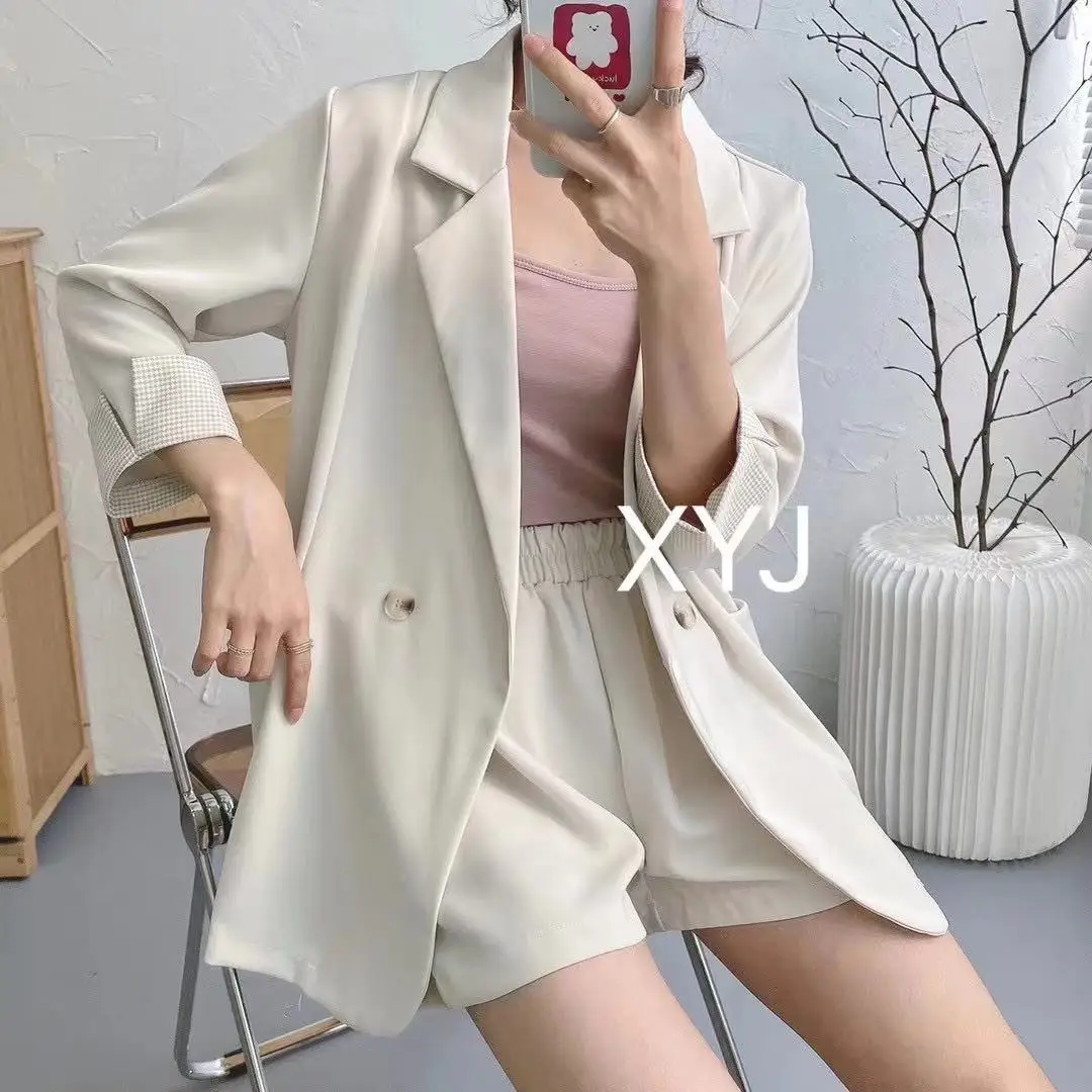 Women Korean Blazer and Shorts 2 Piece Set Suit 2021 Spring Summer Office Suits Business Casual Loose Jacket Outfits |