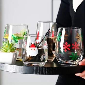 

Glass Cup with Christmas Tree Santa Claus Snowflake Pattern Coffee Breakfast Milk Cup New Year Party Table Decor Festival Gift
