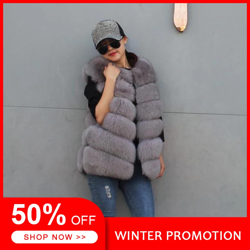2020 Winter Fox Fur Vest For Women Casual Comfortable Dark Gray Color Thicken Warm Real Female Plus Size | Женская одежда