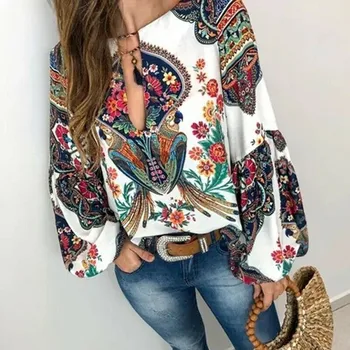 

2019 New Hot Women Autumn Summer Boho Floral V-Neck Long Lantern Sleeve Oversize Blouse Tops Plus Size S-3XL Loose Ladies Shirts