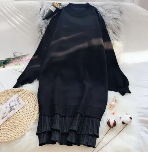 EORUTCIZ зимний плиссированый свитер платье женское вязаное плотное базовое платье водолазка весеннее лоскутное платье с длинными рукавами LM520 - Цвет: Черный