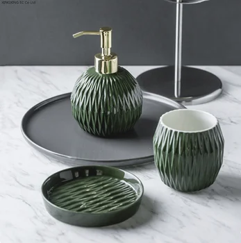 

Nordic Bathroom, Dark Green Ceramic Embossed Diamond Shape, Soap Dispenser, Soap Dish, Mouthwash Cup, Bathroom Supplies, Set