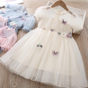 

New Fashion Kids Mesh Dresses For Girls Beautiful Flying Butterflies Flowers Dress Solid Color Elegant Princess Party Dress