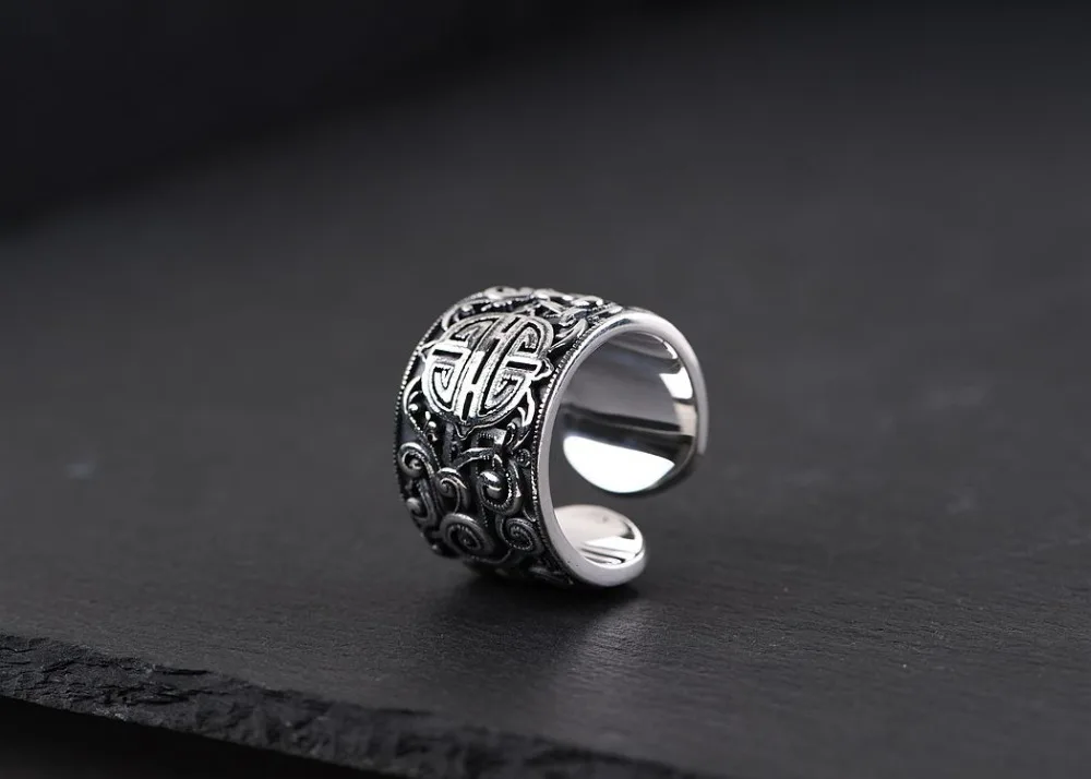 Твердое подлинное серебро 925, этнический стиль, кольцо для мужчин wo, Большие широкие кольца, 3D, прозрачное, выгравированное, Открытое кольцо, ретро стиль, мужские ювелирные изделия