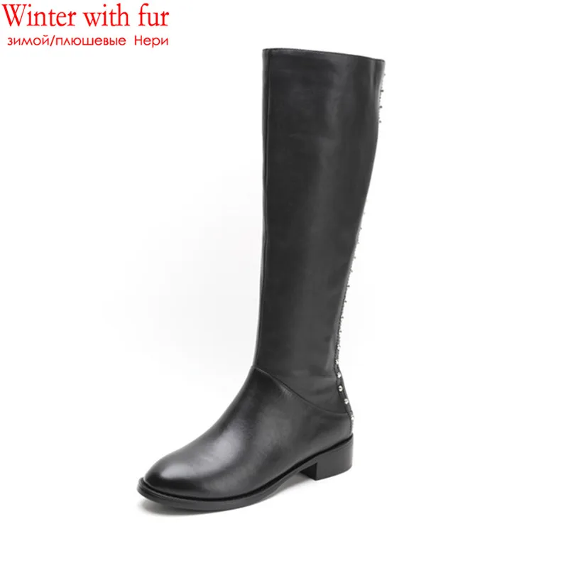 black with fur MORAZORA/ г., зимние модные сапоги до колена женские сапоги из натуральной кожи на низком каблуке с круглым носком однотонная Высококачественная теплая обувь - Цвет: black with fur