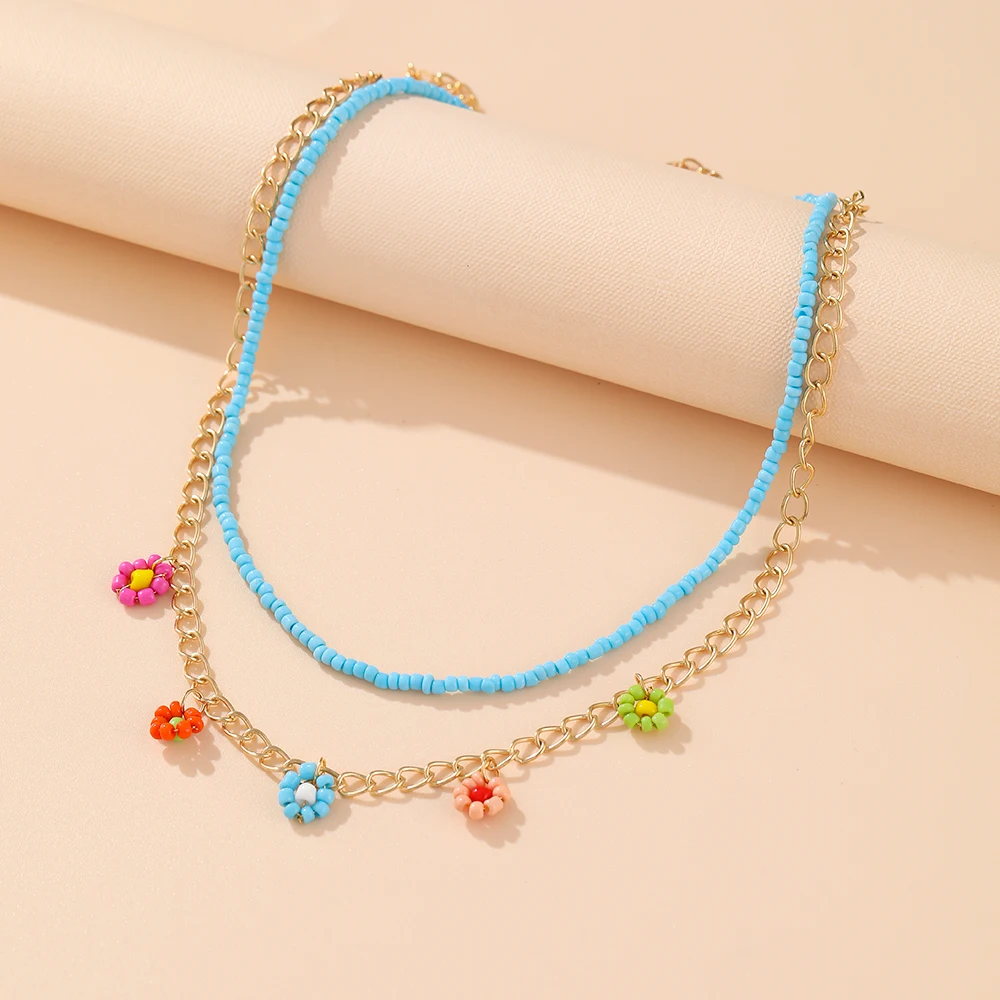 2021 New Lovely Daisy Flower Colorful Beads Pearl Clavicle Choker Necklace for Women Girls Spring Summer Jewelry Wholesale 