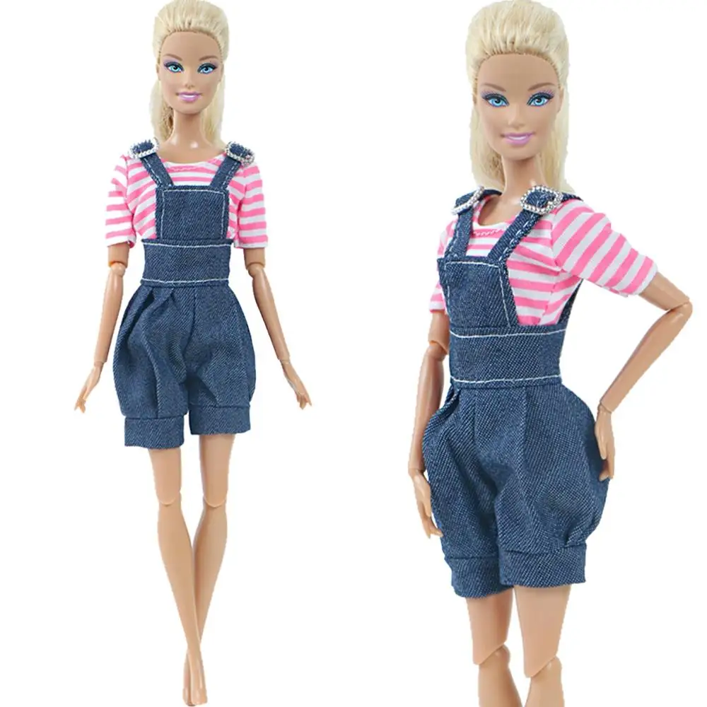1 комплект модная одежда розовая полосатая футболка и штаны на подтяжках повседневная одежда аксессуары Одежда для куклы Барби Кукла, детская игрушка