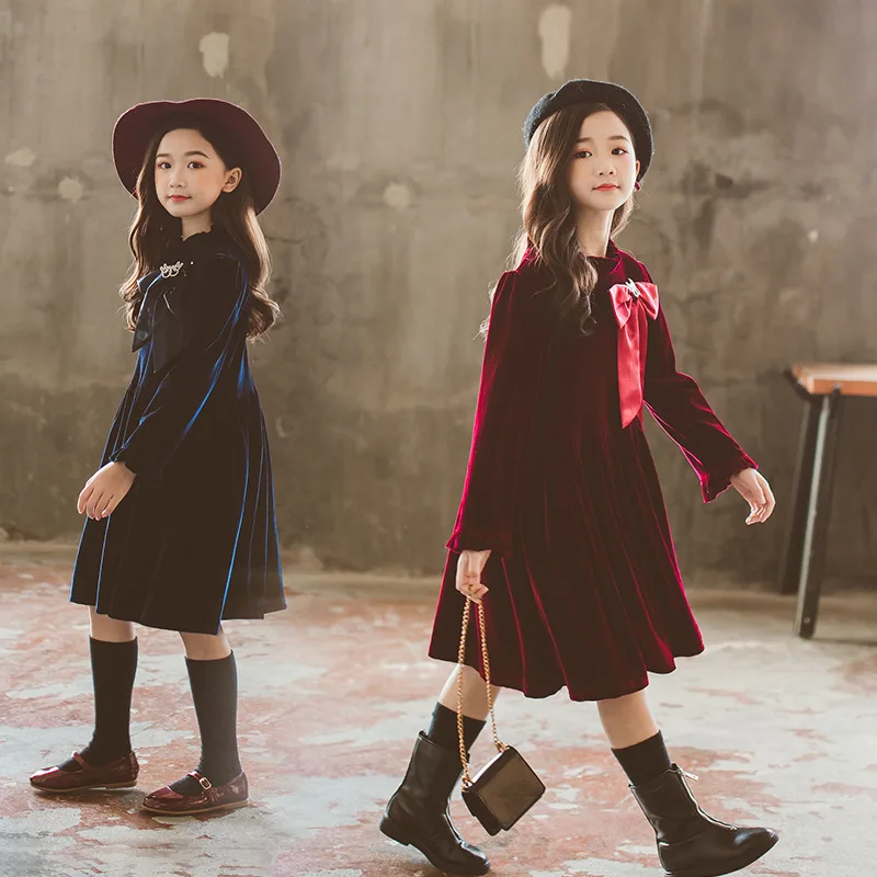 

2019 Autumn And Winter New Girls Ladies Temperament Thickened Velvet Dress Childrens Bow Dress Sweet New Year Christmas Dress