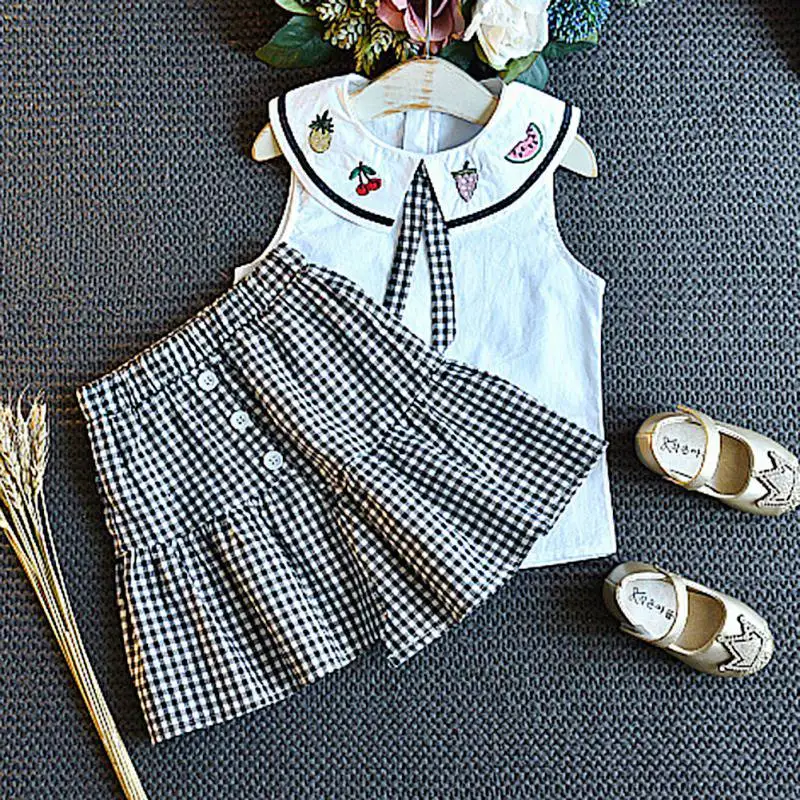 

Summer Kid Clothes for Girls Sleeveless Cotton Fruit Pattern T-shirt Blouse Plaid Skirts Casual Outfits Set 2pcs Fashion 11