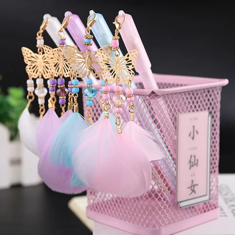 

1PC Cute Butterfly Gel Pen For Girls Kawaii Gel Pens With Topper Feather Pendant Student Stationery Gifts For Girls Random Color
