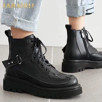 

Sarairis 2020 Brand New British Style Ankle Boots Woman Shoes Genuine Leather Platform Comfy Belt Buckle Shoes Ladies Boots