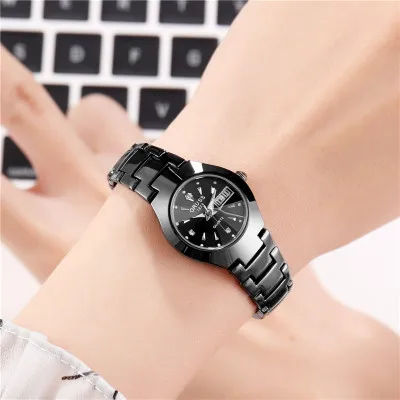 2021 Fashion Korean Style Watches for Women Alloy Simple 30M Waterproof Personality Quartz Calendar Ladies Luxury Wrist Watch Full black
