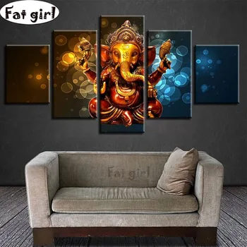 

diamond painting 5 panels Sales Indian elephant trunk wall painting square round 5d diy Embroidery modern decor Cross Stitch