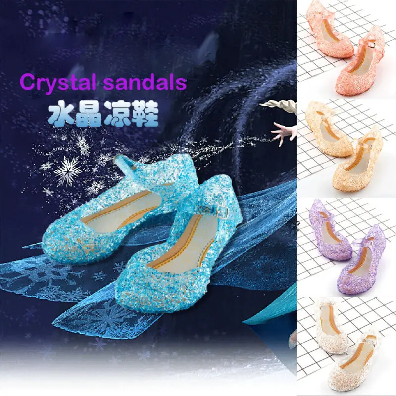 Kids Sandals Baby Girls Summer Crystal Frozen Princess Jelly High-Heeled Shoes
