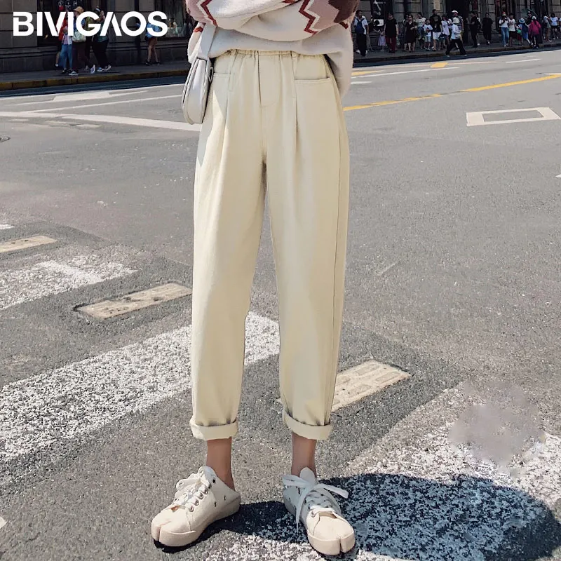 Khaki BIVIGAOS Новые прямые джинсы с высокой талией и карманами для женщин свободные джинсы штаны для отдыха Джинсы бойфренда для женщин джинсы женские бойфренды - Цвет: Khaki