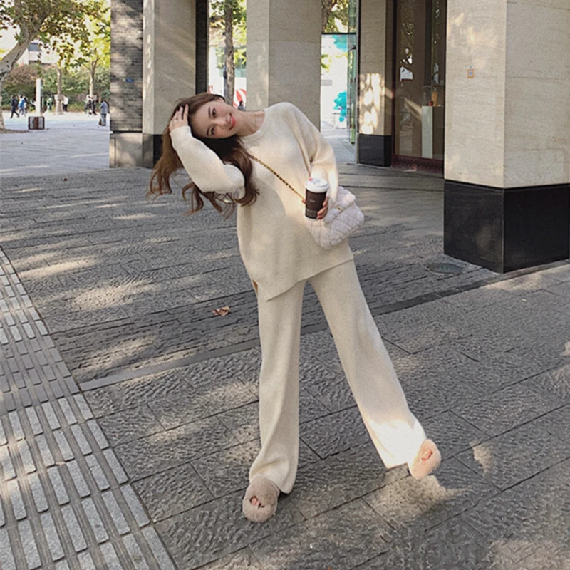 Two Piece Set Pullover Sweater Tracksuit Women High Waist Knit Straight Pants Suit Spring Clothes