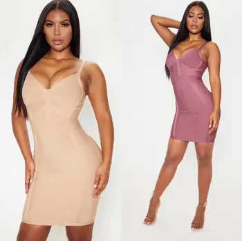 

3 Colors Women Sexy Fashion Nude Pink Rayon Bandage Dress 2020 Evening Celebrity Chic Mini Party Dress Vestido