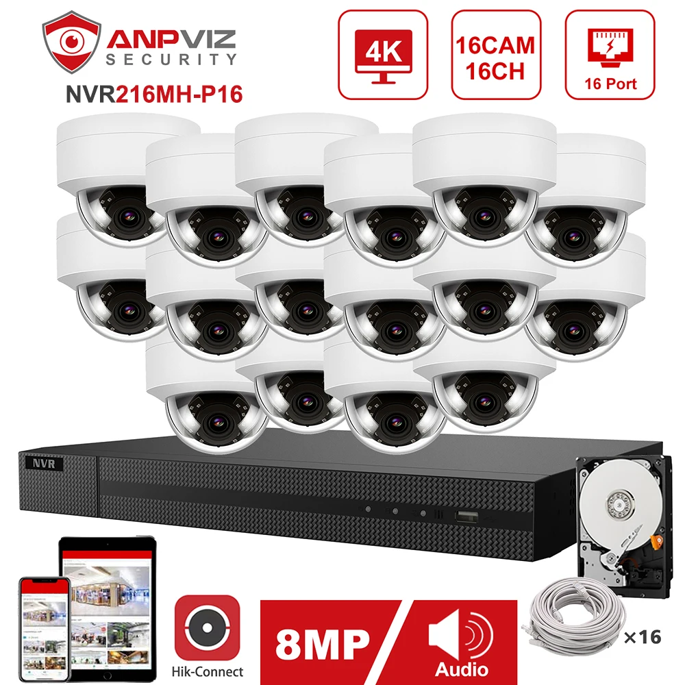 Hikvision OEM 16CH 4K 8MP POE NVR H.265 + купольная ip-камера система безопасности для