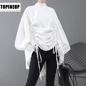 

Women's High collar Solid Color Casual Lantern sleeve drawstring tie Asymmetry Shirts