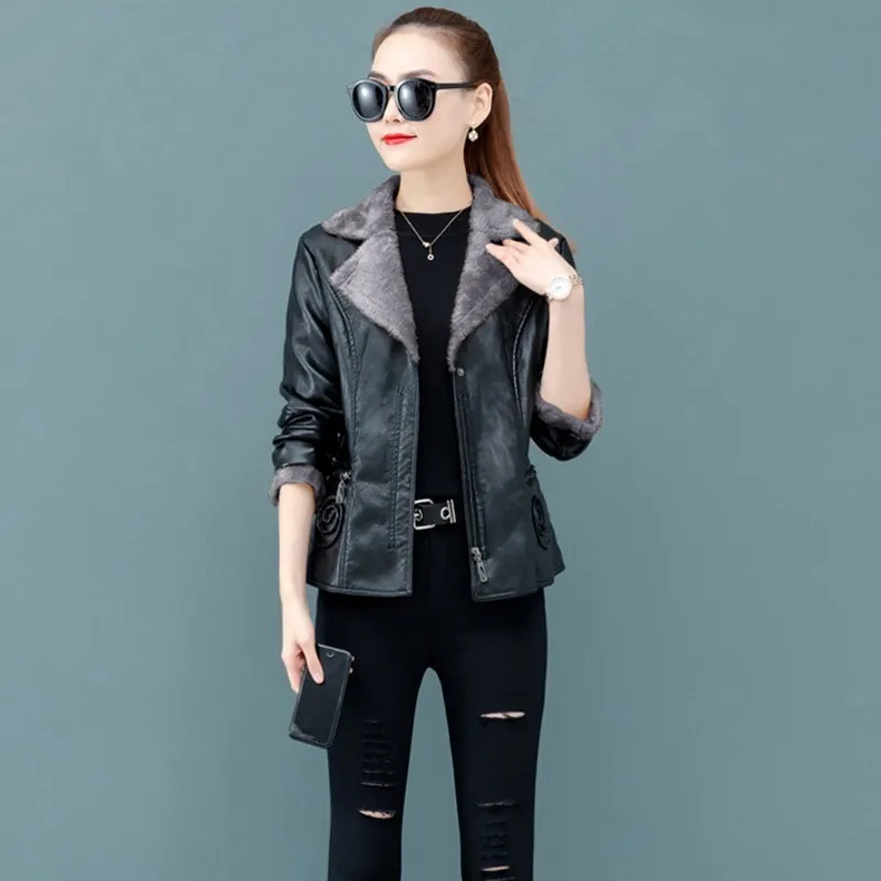 

Thick Warm Fleece Lining Womens Faux Leather Jackets Fashion Winter Long Sleeve Slim Fit Office Laides Shot Coats Plus Size 6XL