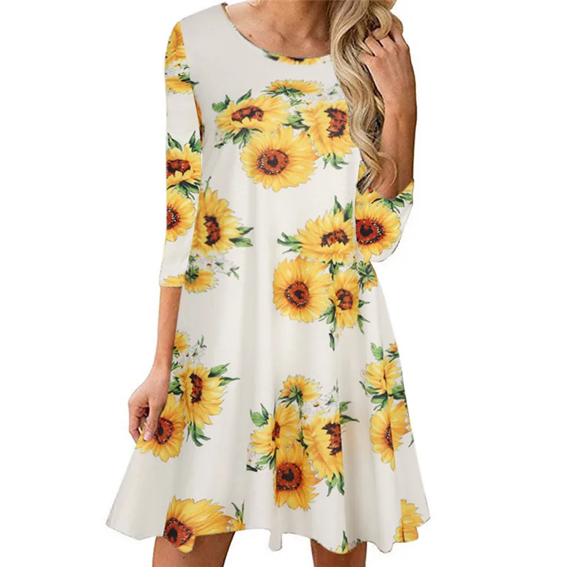 

Three Quarter Sleeve Women Autumn Dress Fashion Ethnic Retro Print O-Neck A-Line Beach Dress Plus Size Casual Knitted Vestidos