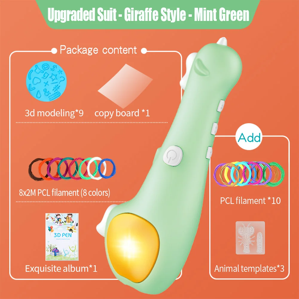 3D ручка оригинальная DIY 3D печать Ручка с 100 м нить из ПКЛ креативная игрушка образовательный подарок для детей день рождения дизайн рисунок - Цвет: GreenGiraffe-50m PCL