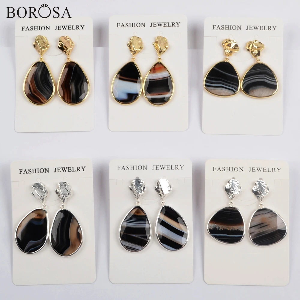

BOROSA 5Pairs Gold/Silver Plating Bezel Freefrom Natural Onyx Agates Drop Earring Gems Stone Earrings Jewelry for Lady WX1178